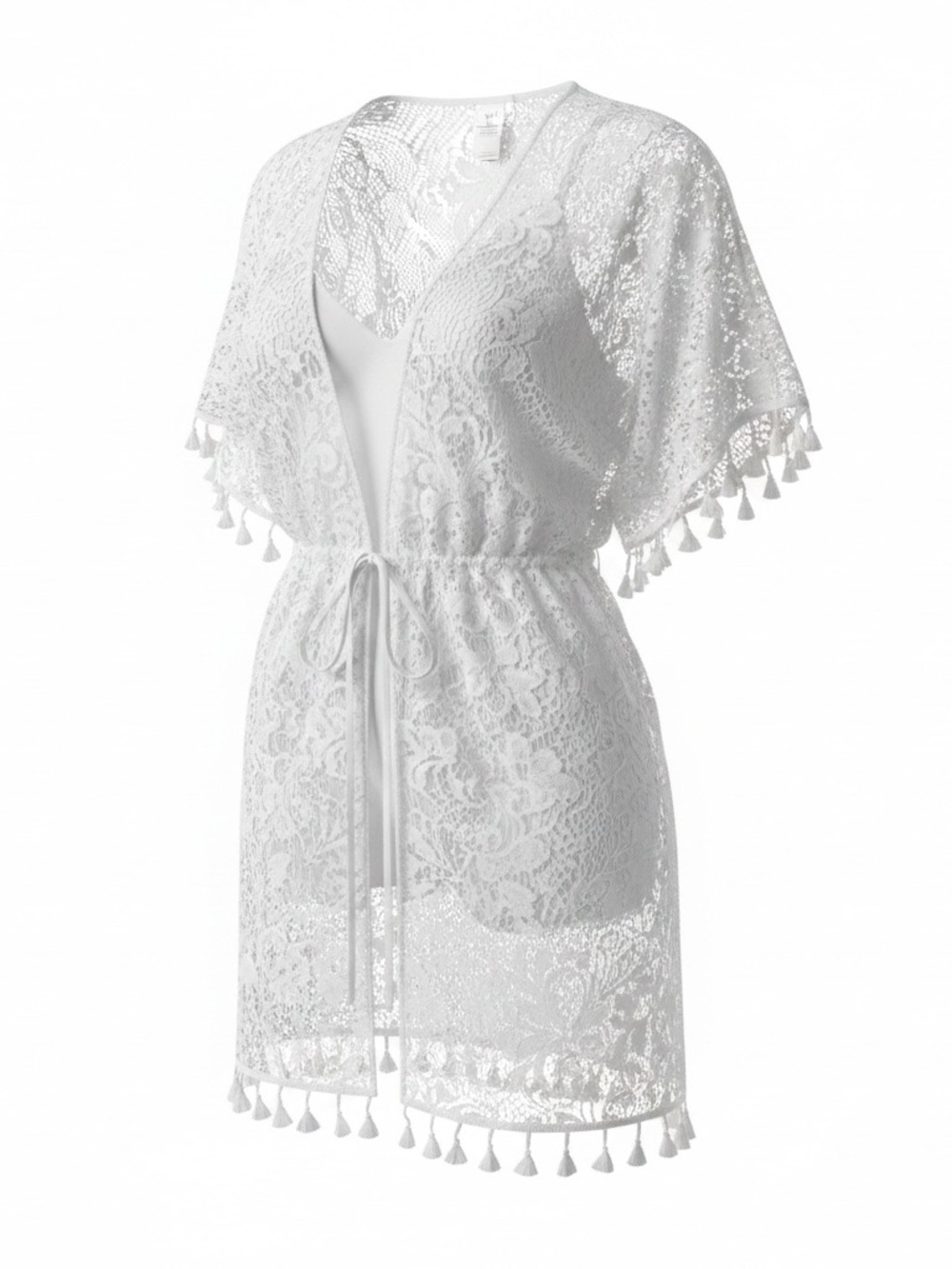 Time and Tru White Lace Kimono Coverup with Tassel Trim